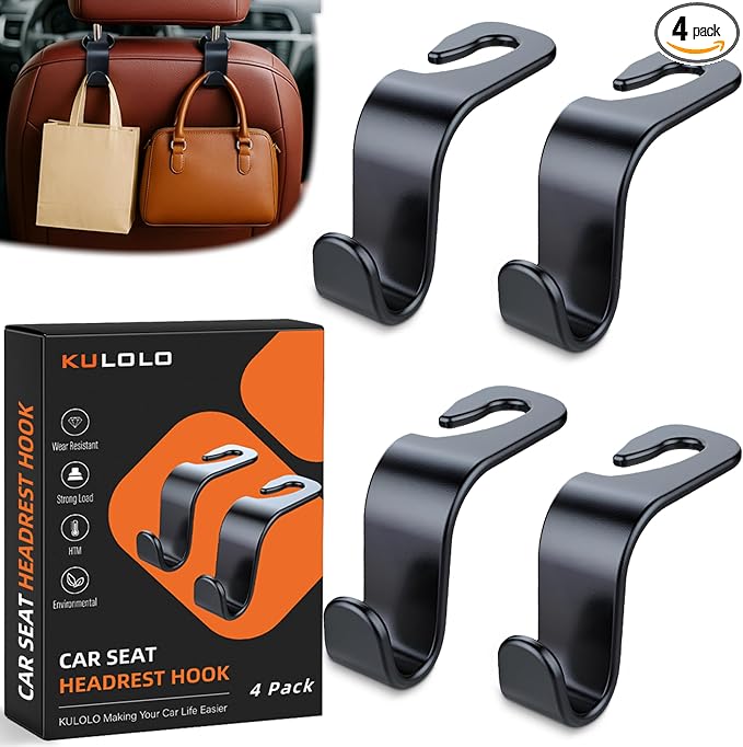 4-Pack Car Seat Hooks - 55 lb Each, Fits 0.32-0.55 in Headrest Rods