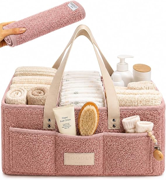 Baby Diaper Caddy Organizer with Waterproof Changing Pad, Pink