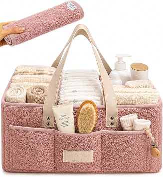 Baby Diaper Caddy Organizer with Waterproof Changing Pad, Pink