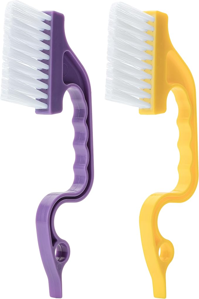Slick- Window Track Cleaning Brush, 2 Pack, Yellow/Purple Ergonomic Handle, Built-in Scraper, Multipurpose, Window Track Cleaning Tools
