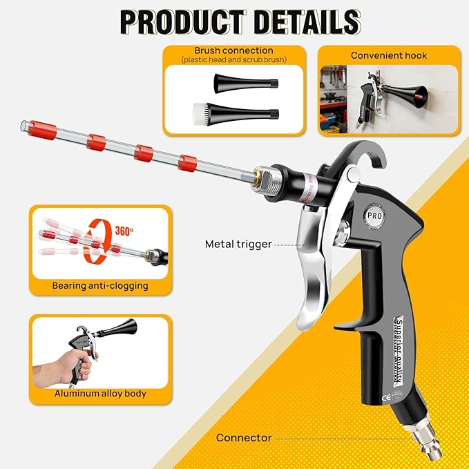 Detailing Car Cleaning Gun,6-9.2 Bar High Pressure Dry Cleaning Gun, Interior Drying Air Gun with 2 Nozzles & Rotating Plastic Hose for Quickly Blowing Out Dirt &Dust with Air Flow