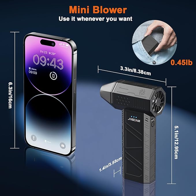 JVSCAM X3 Compressed Air Duster - Electric Air Duster with Brushless Motor,3 Gear Adjustable - Mini Air Blower- Rechargeable Air Duster for PC, Keyboard, Car,Outdoors,Home,Snow and Leaves Clearing