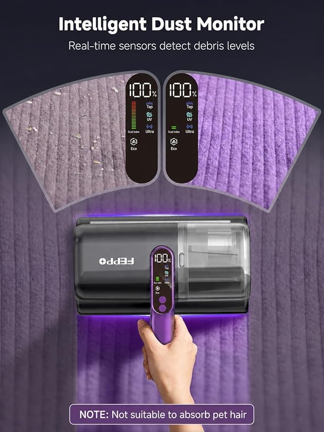 FEPPO Cordless Mattress Vacuum Cleaner, 18Kpa Bed Vacuum with 253.7nm UV-C Light, Ultrasonic, Dust Sensor & LED Display, 52800 BPM Handheld Vacuums for Bed, Sofa, Couch, Crib