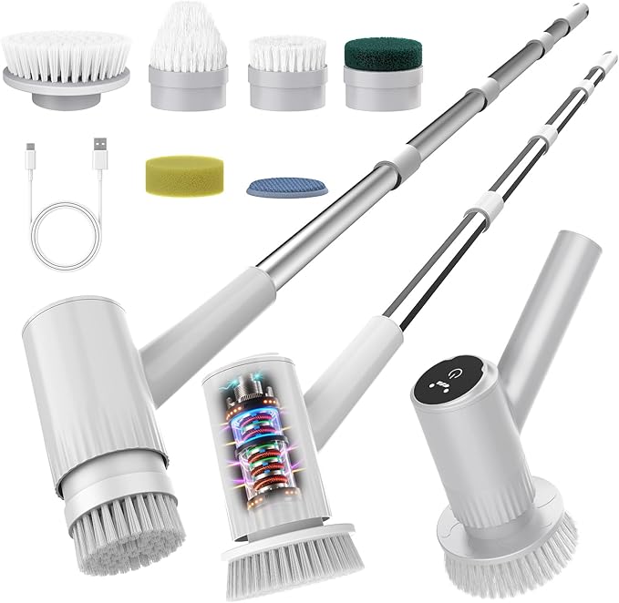 Electric Spin Scrubber, 4500mAh Cordless Cleaning Brush, 6 Brush Heads, Touch Control, 47" Adjustable Handle Relieves Back Pain, IPX7 Waterproof Power Scrubber for Bathroom Shower Floor Tile Bathtub.