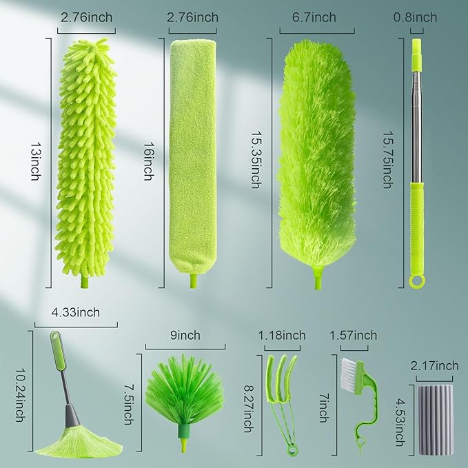 Microfiber Duster with Extension Pole 30 to 100'', Bendable Reusable Washable Feather Dusters for Cleaning High Ceiling Fan, Cobweb, Blinds, Keyboard, Furniture & Cars, Green Gift for Women (11 PCS)