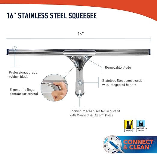 Unger Professional 16” Stainless Steel Window & Glass Cleaning Squeegee - Cleaning Supplies, Heavy Duty Squeegee for Window Cleaning, Streak Free Results