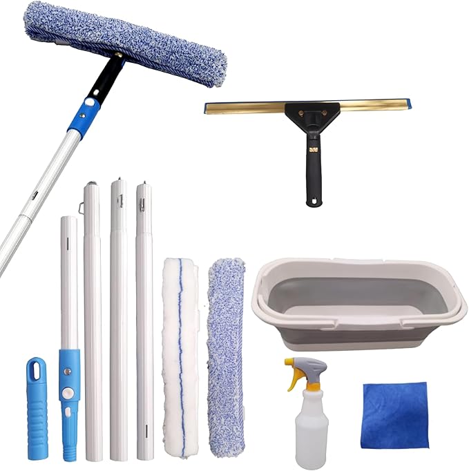 Window Cleaning Kit with Storage Bucket,Window Washing Kit with 4.13Ft Extension Pole,Scrubber,Spray Bottle,Duster Cloth,Squeegee with Rotating Head,Professional Window Cleaning Squeegee Kit