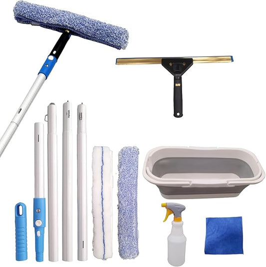 Window Cleaning Kit with Storage Bucket,Window Washing Kit with 4.13Ft Extension Pole,Scrubber,Spray Bottle,Duster Cloth,Squeegee with Rotating Head,Professional Window Cleaning Squeegee Kit