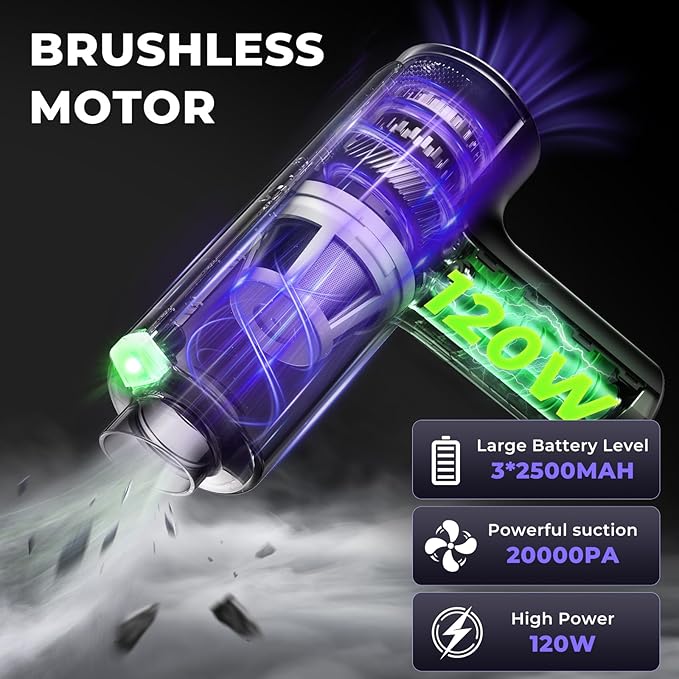 20000Pa Cordless Car Vacuum, 80,000 RPM Brushless Motor Handheld Vacuum with 7-in-1 Air Duster Blower, Portable Type-C Rechargeable Cleaning Kit for Pet Hair, Home & Office, Dark Black