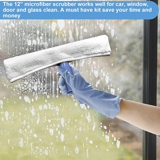 AMERWASH PLUS Window Squeegee Washing Kit for Shower Glass Door, Mirror and Window Cleaning, Extra 14'' Wide Squeegee and 2 Microfiber Scrubbers Included (Extension Pole not Included)