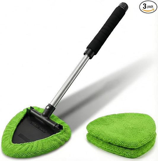 TAKAVU Car Window Cleaning Tool, Windshield Wiper Cleaner with Extendable Long-Reach Handle, 3 Washable Reusable Microfiber Bonnets, Car & Home Inside Interior Exterior Use - Lint Free (Green)