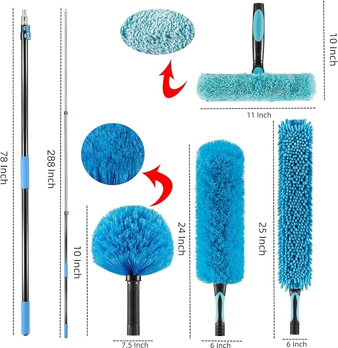 30 Foot High Ceiling Fan Duster with 6-24ft Extension Pole, Extendable Reusable Cobweb, Feather, Window Cleaning Squeegee Kit