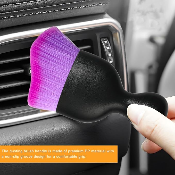 2 PCS Car Interior Detailing Brush, Curved Car Interior Cleaning Brush with Ultra Soft Bristles & Dust Cover, Scratch-Free Auto Dusting Brushes for Dashboard AC Vent Leather (Purple)