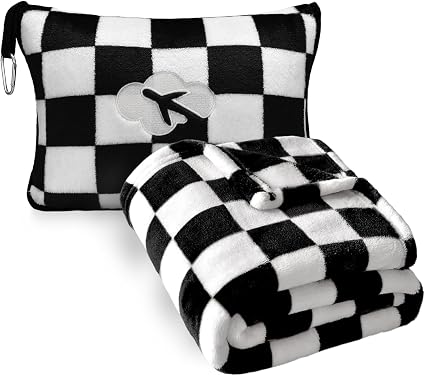 Travel Blanket and Pillow Compact, Premium Soft 2 in 1 Airplane Blanket with Soft Bag Pillowcase，Hand Luggage Sleeve and