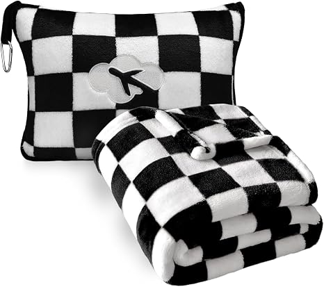 Travel Blanket and Pillow Compact, Premium Soft 2 in 1 Airplane Blanket with Soft Bag Pillowcase，Hand Luggage Sleeve and