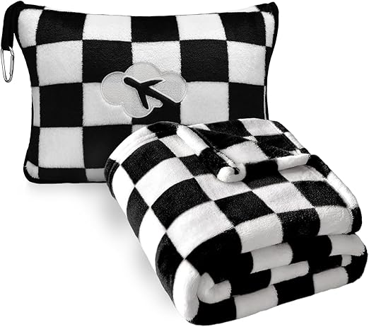 Travel Blanket and Pillow Compact, Premium Soft 2 in 1 Airplane Blanket with Soft Bag Pillowcase，Hand Luggage Sleeve and