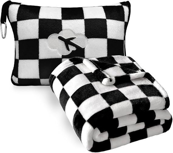 Travel Blanket and Pillow Compact, Premium Soft 2 in 1 Airplane Blanket with Soft Bag Pillowcase，Hand Luggage Sleeve and