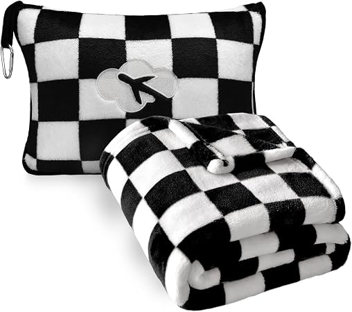 Travel Blanket and Pillow Compact, Premium Soft 2 in 1 Airplane Blanket with Soft Bag Pillowcase，Hand Luggage Sleeve and