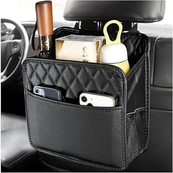 Car Back Seat Organizer, Foldable Leather Backseat Hanging Storage Bag with Adjustable Strap, Multifunction Seat Back Or