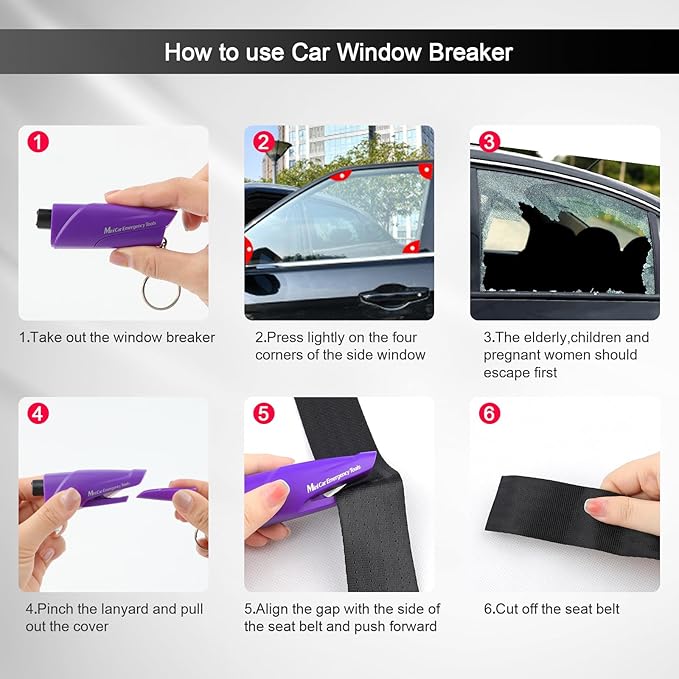 RAPUDA Window Breaker Seatbelt Cutter,3-in-1 Mini Glass Breaker, 3 Pack Car Escape Tool for Land and Underwater,Keychain Car Emergency Tool（Pink/Purple/Sky Blue）