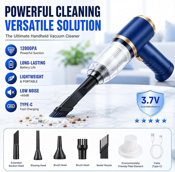 Car Vacuum Cleaner Cordless, 120W high Power Portable Mini Vacuum with 12000Pa Hand Held Vacuum Strong Suction, Electric Compressed Air Duster Blower for Car, Desk, Keyboard, Home