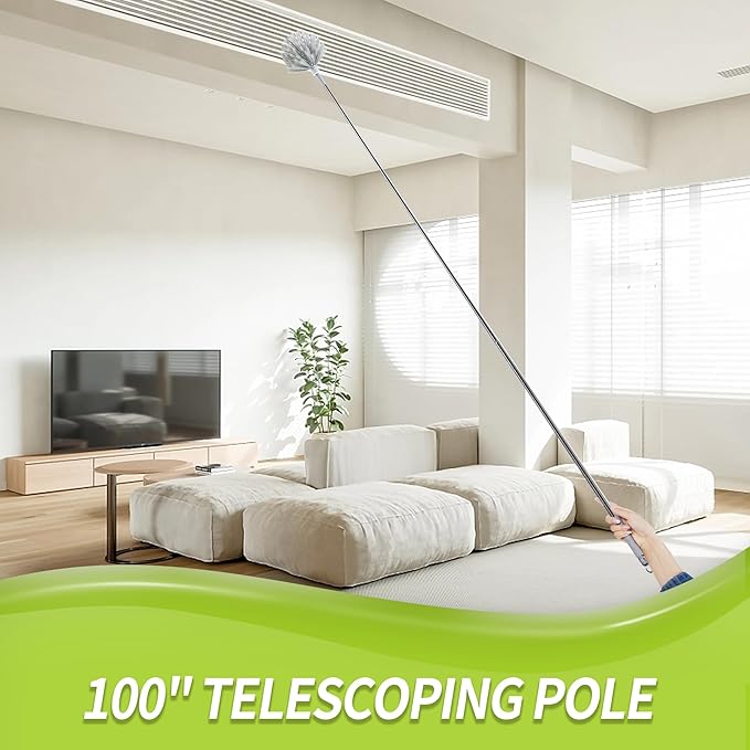 IVYROLL Cobweb Duster with Extension Pole, 100'' Microfiber & Chenille Ceiling Cleaner Kit, Reusable Feather Duster, Bendable, Washable