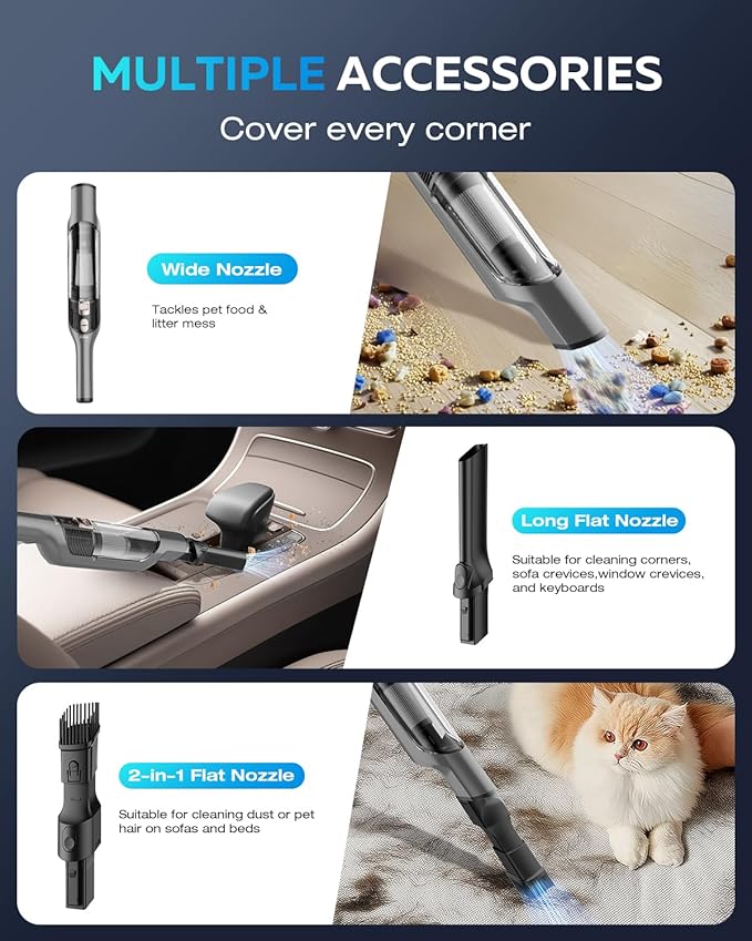 Zefiro Compact Powerful Cordless Handheld Vacuum, Rechargeable Portable Car Vacuum for Car & Pet Hair, Brushless Motor 25000PA High Suction, XL Dust Cup, 2 Brushes & Filters, Long Runtime with Charger