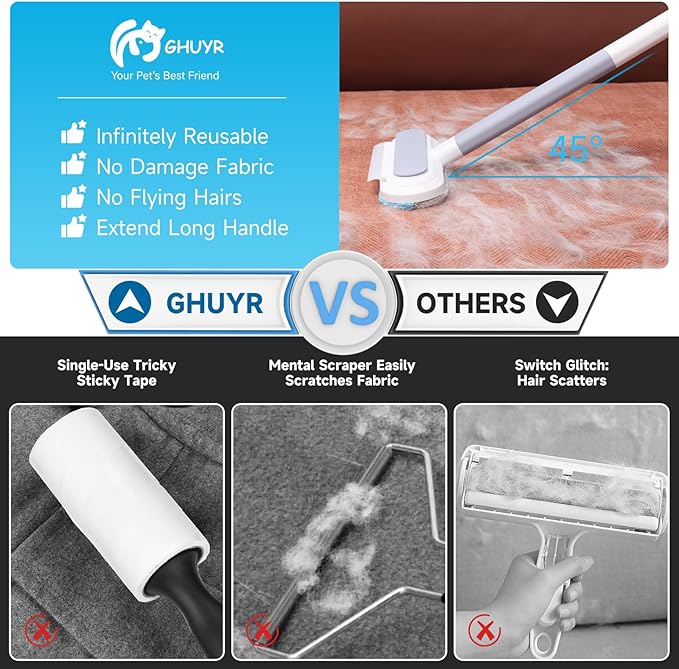Cat and Dog Hair Remover for Couch & Furniture, Better Than Lint Rollers for Pet Hair, Reusable, Washable Fur Cleaner for Carpets, Clothing, Bedding, Portable Multi-Surface Tool for Home & Car