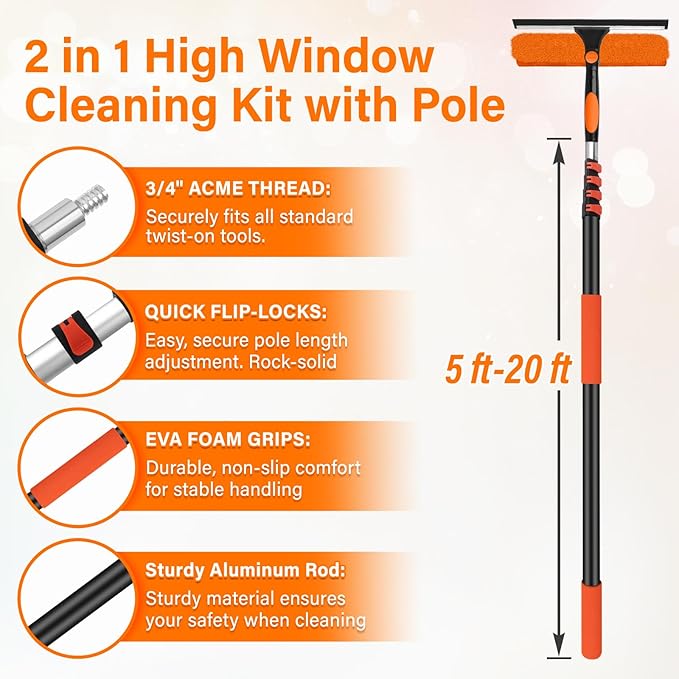 26FT Telescoping Window Squeegee Kit | 2-in-1 Professional Window Washer & Microfiber Scrubber with Extension Pole | High Reach Cleaning Tool for Outdoor, Indoor Windows & Glass