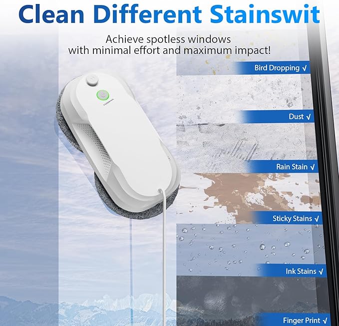 Tosima W5 Window Cleaning Robot, Dual Direction Auto-Spray Smart Window Cleaner with Triple Safety System, Smart Navigation, Remote Control, for All Smooth Surfaces, with 8 Rags, White Robotic Vacuums