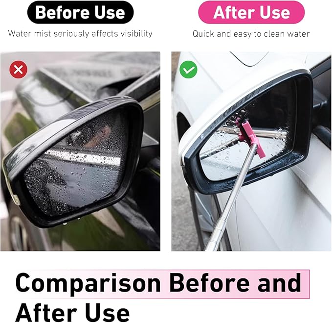 CouTun Car Side Mirror Squeegee, Retractable Car Rearview Mirror Wiper, 38.6in Long Handle Auto Glass Cleaning Tool, Multi-Functional Portable Side Mirror Wiper (Pink)