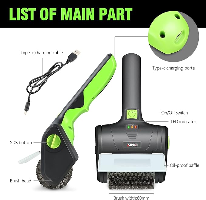 DNA Motoring TOOLS-00219 Cordless Electric Grill Cleaning Scrub Brush Rechargeable with Type-C Charge Cord,Green/Black