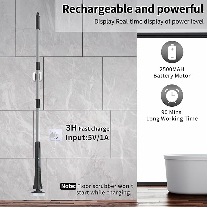 Hillyfe Black Electric Spin Scrubber, Cordless Shower Scrubber with Long Handle, Power Tub & Floor Scrubber, Shower Cleaner Brush for Bathroom, Grout and Tile, 7 Heads, IPX7 Waterproof