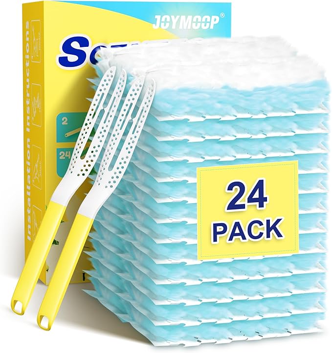 JOYMOOP Disposable Duster for Cleaning, with 2 Handles & 24 Ct Blue Heavy Duty Refills for Swiffer Feather Duster, Household Cleaning Tool for Electronics, Dusting Furniture, Blinds, Pet Hair