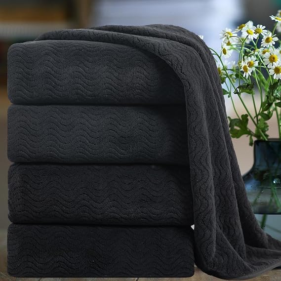 Smuge Ultra Soft Bath Towel Set of 4, Black Extra Large Textured Microfiber Luxury Towels 35x70 in, Quick Dry, Highly Ab