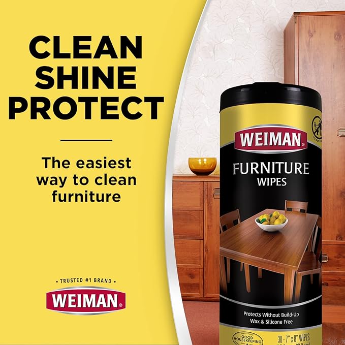 Weiman Wood Polish and Cleaning Wipes, For Furniture Cleaner, Protect from Watermarks, Stains & Aging, No Build-Up, UVX-15 Prevent Drying, Fading & Discoloration, 2 Pack with Microfiber Cloth