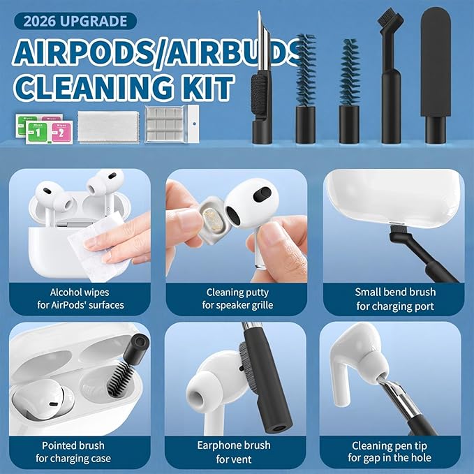 2026 Upgrade Phone Cleaning Kit 47PCS, iPhone Cleaning Kit, Airbuds AirPods Cleaning Kit, Keyboard, Charging Port Cleaner for Apple Lightning/Android USB-C - Includes Putty, Cloth & Wipes (Black)