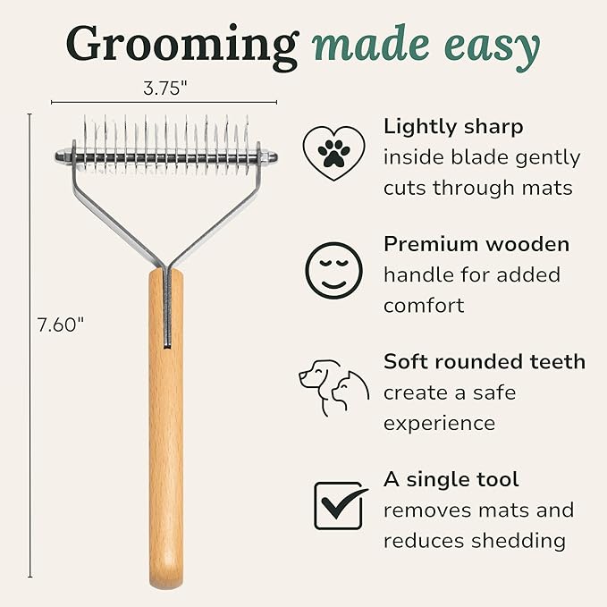 Freshly Bailey Dematting Comb for Cats and Dogs, Mat Remover and Deshedding Grooming Tool, Safe Detangler for Matted Fur, Double Sided Undercoat Rake
