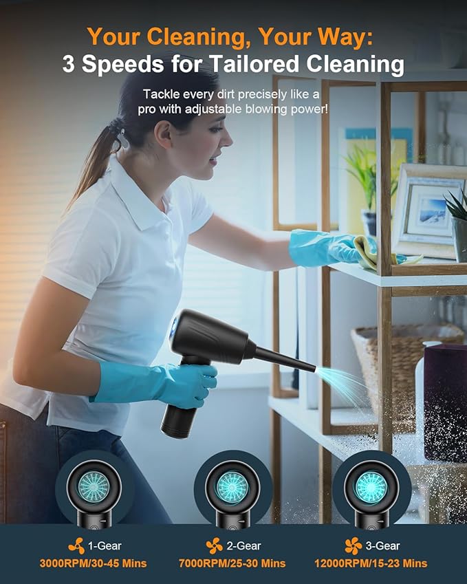 11-in-1 Compressed Air Duster 3-Speed Adjustable 120000 RPM with LED Light, Reusable no Canned Keyboard Cleaner for Office, 9000mAh Cordless Air Duster for Computer/Car/Home (Black)