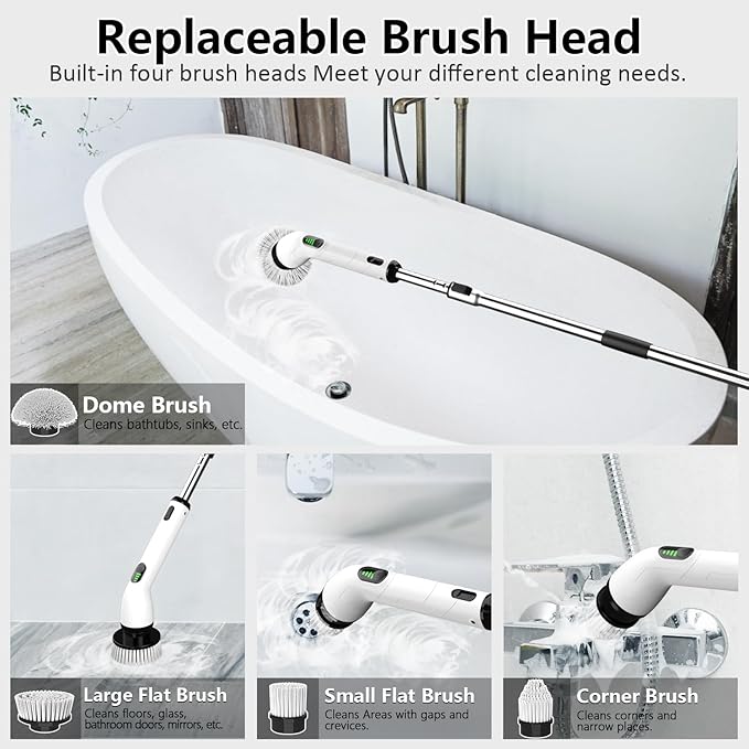 TUYU Electric Spin Scrubber, Full-Body IPX7 Waterproof Bathroom Scrubber,4 Replacement Head for Adjustable Extension Handle Electric Cleaning Brush for Bathroom, Tub, Tile