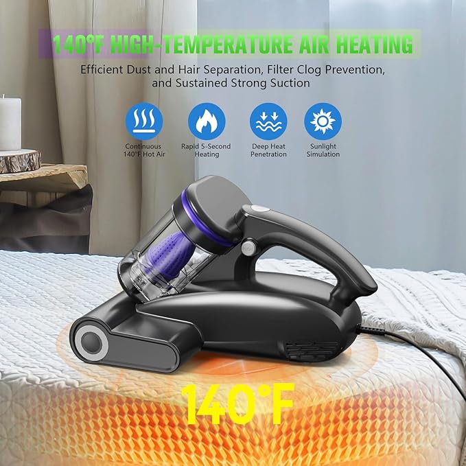 Bed Vacuum Cleaner Mattress Vacuum Cleaner,16Kpa Powerful Handheld Vacuums with UV-C Light & Double Dust Cup & High Heating & Ultrasonic & HEPA Filter for Bed Sofa(Corded,Black Blue)