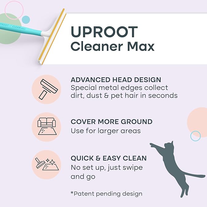 Uproot Cleaner Max Dog Hair Remover for Car & Carpet - Rake for Pet Hair Removal - 2X Faster Than Uproot Cleaner Pro - Cat Remover for Large Fabrics & Rugs