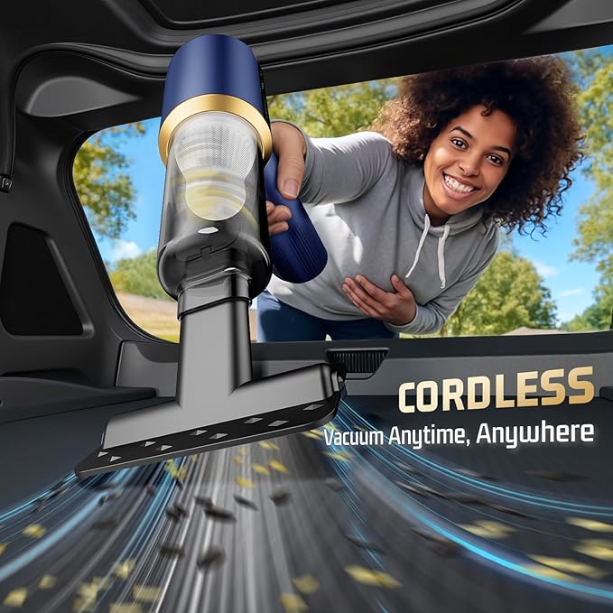 Cordless Car Vacuum Cleaner: Handheld Vacuum with 16000Pa Strong Suction, Brushless Motor & HEPA Filter, 7-in-1 Cleaning Kit, Type-C Charging for Home Office Car Pet - Navy Blue