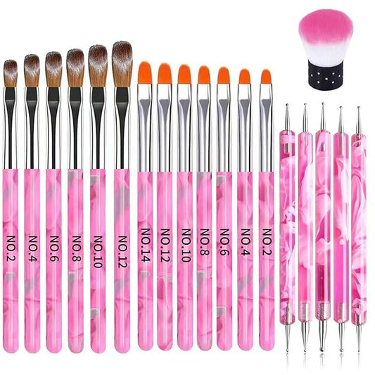 19Pcs Pink Nail Art Brush Set, Nail Brushes Kit with Acrylic Nail Brush, Gel Polish Brushes, Dotting Tools, Nail Dust Brush, Manicure Tool for Acrylic Powder Application, Sculpting & Cleaning