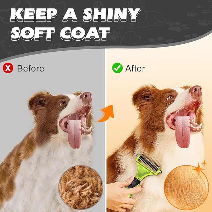 3PCS Pet Grooming Rake & Metal Comb & Flea Comb for Cats and Dogs, Double-Sided Dematting Tool, Extra-Wide Deshedding Dog Brush for Long Hair to Effectively Remove Tangles, Knots and Mats (Green)