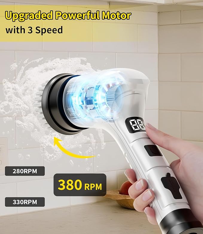 Electric Spin Scrubber, Cordless Household Cleaning Brush with 6 Replaceable Heads, 3 Speeds, LED Display, Lightweight Handheld Power Scrubber for Cleaning Stove/Bowl/Sink/Corner/Tile/Grout-White
