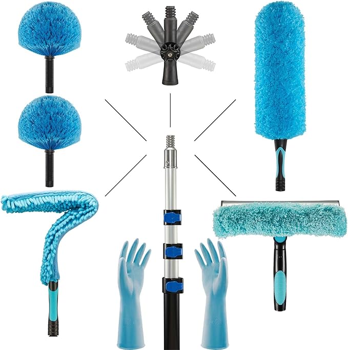 30 Foot Fan Cleaner High Ceiling 2 Cobweb Dusters with Heavy Duty Extension Pole, Window Squeegee Kit, Household Cleaning Gloves(24ft)