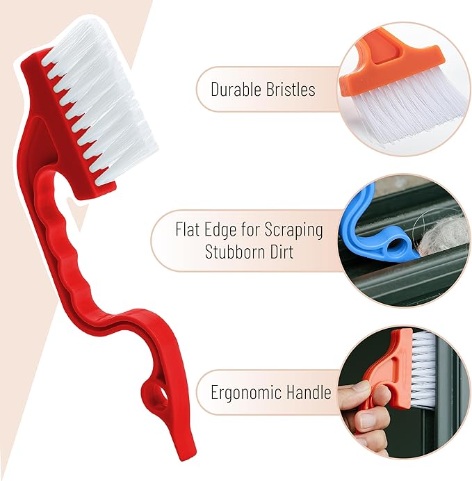 Slick- Window Track Cleaning Brush, 4 Pack, Colorful Ergonomic Handle, Built-in Scraper, Multipurpose, Window Track Cleaning Tools