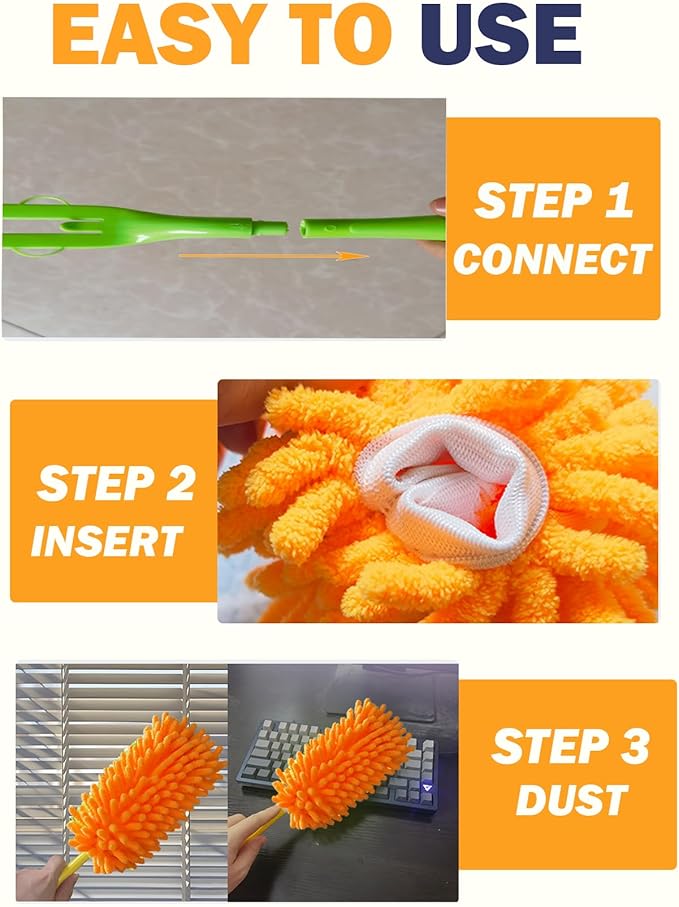 Reusable Duster for Swiffer, 360 Heavy Duty Duster Refill Compatible with Swiffer Hand Dusters for Dusting Furniture, Blinds, Ceiling Fans, Walls and More, 6 Refills +1 Handle, Orange