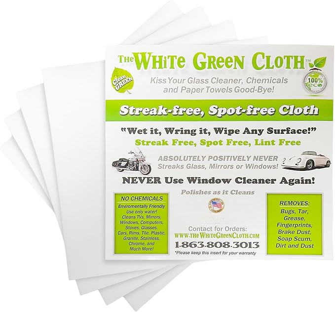 The White Green Cloth 4-Pack Reusable Cleaning Cloths for Streak-Free Windows, Mirrors & All-Purpose Use – Chemical-Free, Absorbent, Non-Abrasive, 16" x 16" White Cleaning Rags, Made in The USA